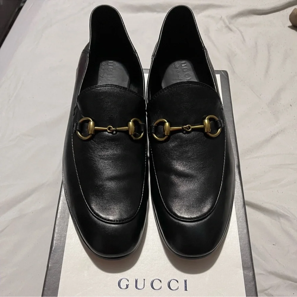 Gucci Black Leather Loafers with Gold Horse-Bit Detailing Sz 10 - Picture 3 of 12